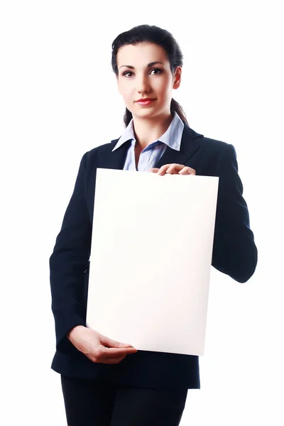 Attraktiva affärskvinna med tomma papper plåt Stockbild