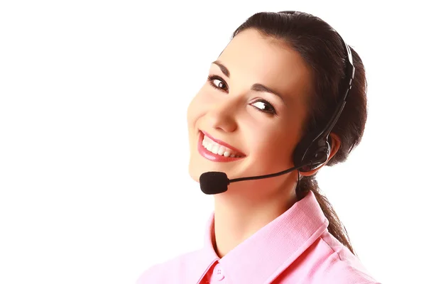 Mulher sorridente com fones de ouvido — Fotografia de Stock