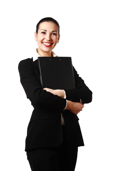 Mulher de negócios atraente feliz com pasta — Fotografia de Stock