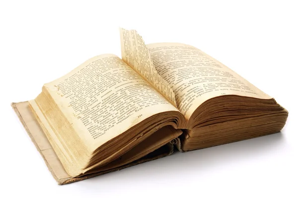 Древняя открытая книга со страницей, вырванной на белом фоне — стоковое фото