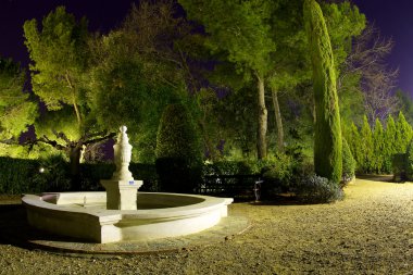 boş fountain park bankında ve ağaçlar, gece