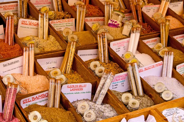 stock image Multiple salt variations in a French Provence market