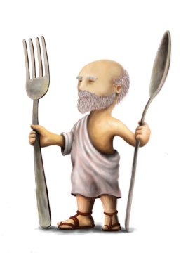 Greek philosopher holding spoon and fork clipart