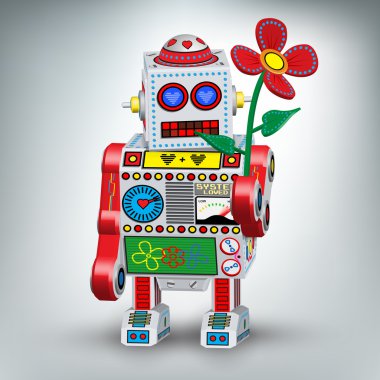 Retro robot toy illustration with flower clipart