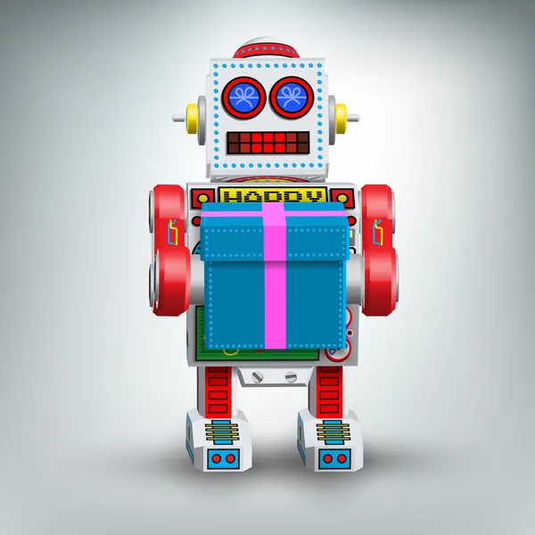 Retro Roboter Illustration Spielzeug mit Geschenk — Stockvektor