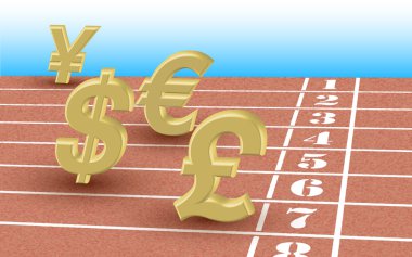 Running currency rates - editable vector illustration of dollar, euro, pound and yen clipart