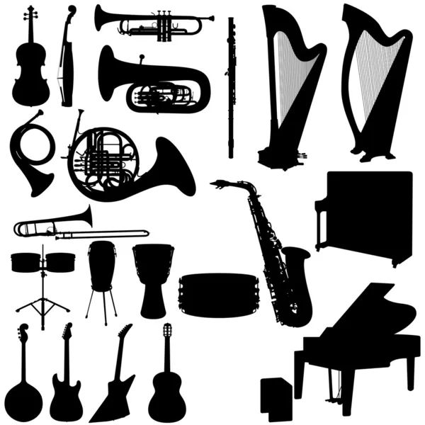 Conjunto de instrumentos musicales siluetas Ilustración De Stock
