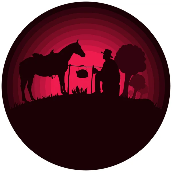 Pferd und Cowboy im Sonnenuntergang — Stockvektor