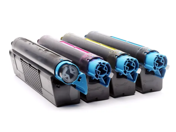 Čtyři barevná laserová tiskárna tonerové kazety — Stock fotografie