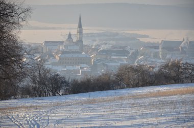 View from snowy hill to small town early morning clipart