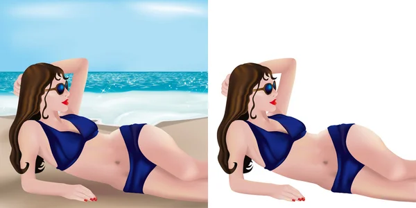 Chica bikini azul tumbada en la playa — Vector de stock