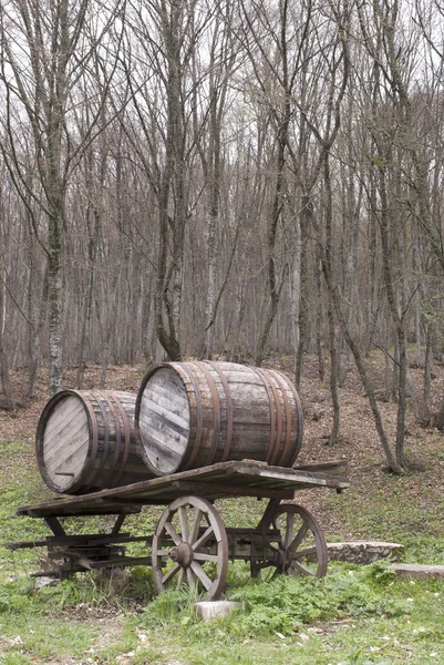 Carrinho de mão com barris de vinho ao ar livre — Fotografia de Stock