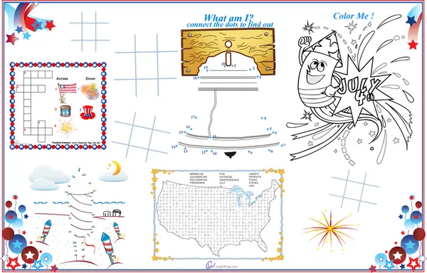 Placemat 4th of July Printable Activity Sheet 1 — Stock Vector