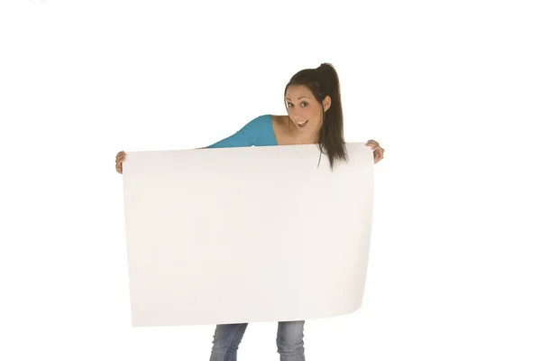 stock image Young woman holding a blank panel