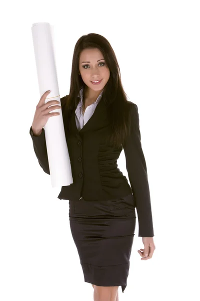 Jeune femme d'affaires tenant rouleau de papier, dessin — Photo