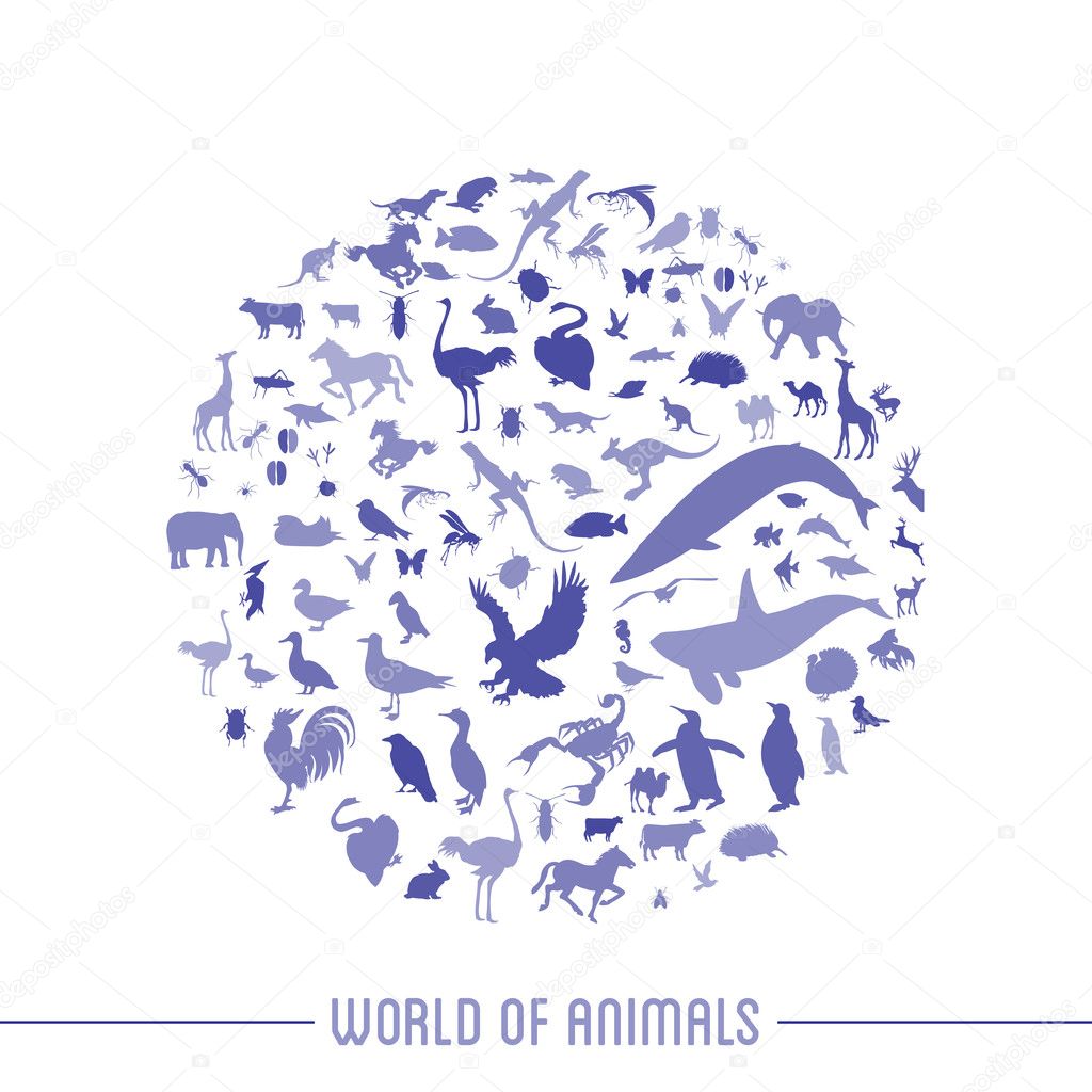 Blue globe outline made from animals icons