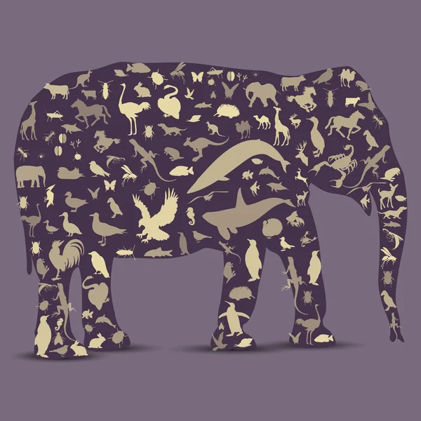 Elephant Globe contorno fatto da icone animali — Vettoriale Stock