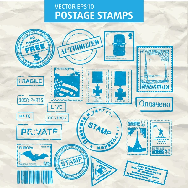 Conjunto vetorial de selos e carimbos postais . — Vetor de Stock