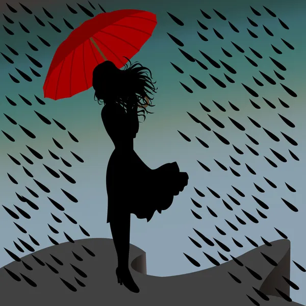 Ženská silueta stojící v dešti s deštníkem — Stock fotografie