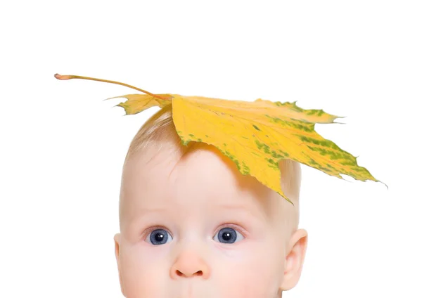 Το αγόρι με ένα φύλλο σφενδάμνου στο κεφάλι — Φωτογραφία Αρχείου