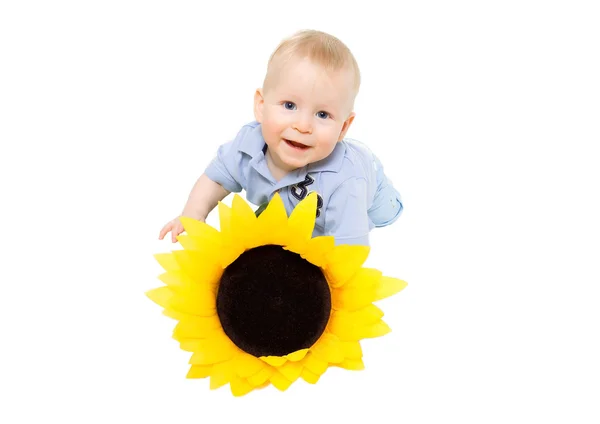 Little boy and sunflower — Stock Photo, Image