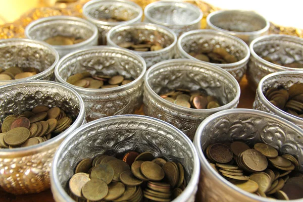 stock image Thai baht coins in silver bowl.