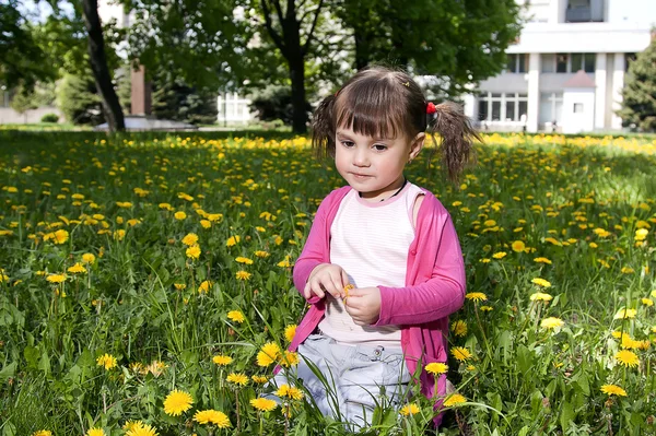 A smiling girl sitting on the dandelion field wearing a pink sh — Stock Photo, Image