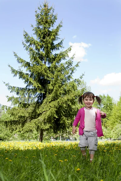 A smiling girl wearing a pink shirt, runiing across the dandelio — Stock Photo, Image