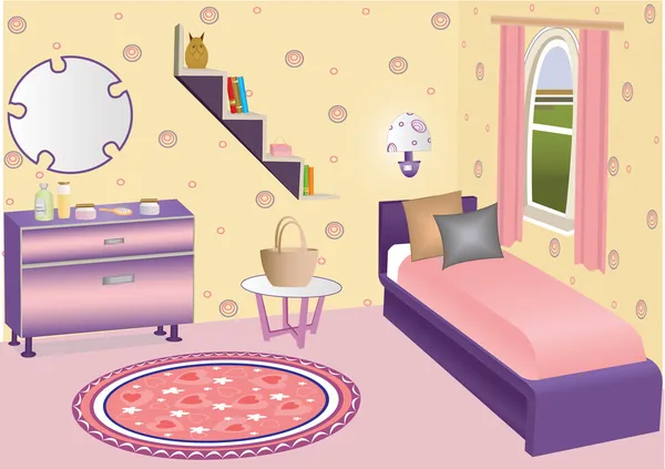 Векторный интерьер детской спальни с кроватью, чехлом, зеркалом, сундуком и косметикой — стоковый вектор