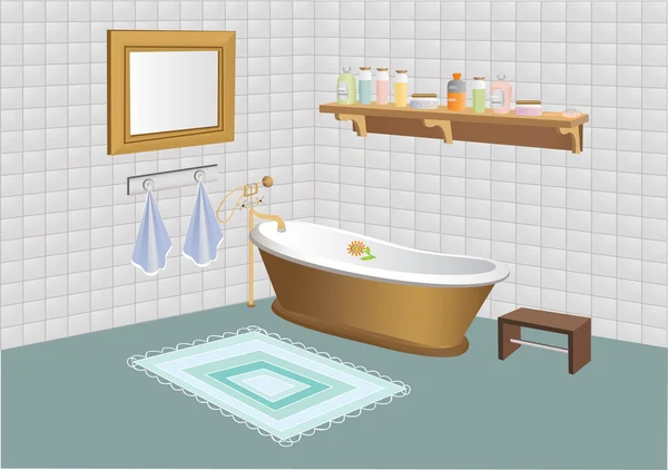 Illustration vectorielle de salle de bain avec miroir, étagère avec cosmétiques — Image vectorielle