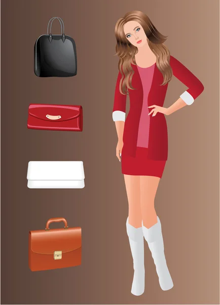 Beautiful vector girl and handbags — Stock Vector