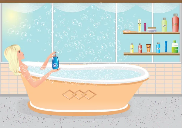 Prachtige vector meisje met bubbels in de badkamer — Stockvector