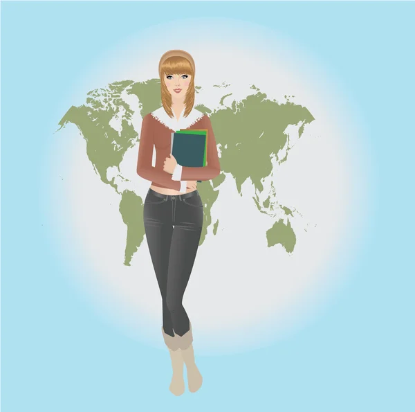 ผู้หญิงเวกเตอร์คิดเกี่ยวกับการศึกษาและเดินทางกับโลกในพื้นหลัง — ภาพเวกเตอร์สต็อก