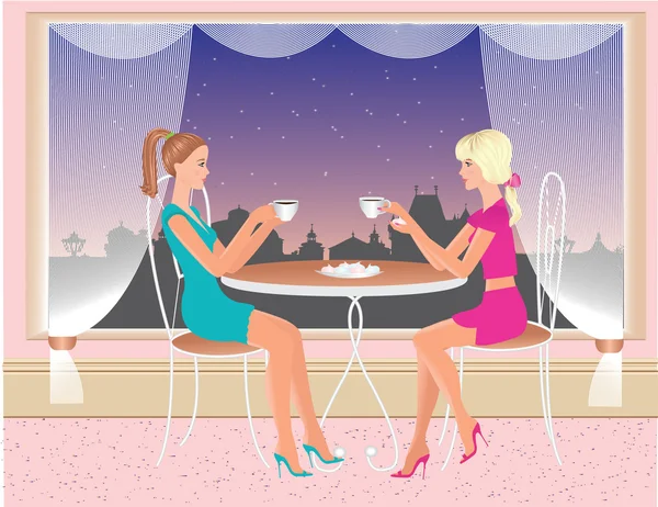 Prachtige vector meisjes met kopjes koffie in het café met 's avonds stad op de achtergrond — Stockvector