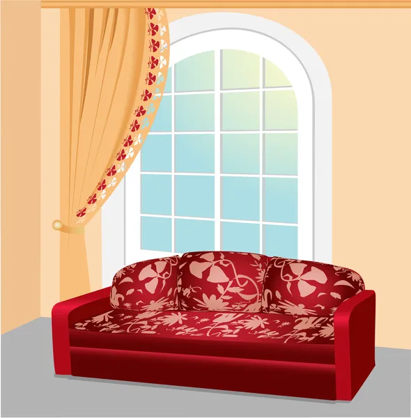 Röd soffa nära det stora fönstret med vacker spets gardin — Stock vektor