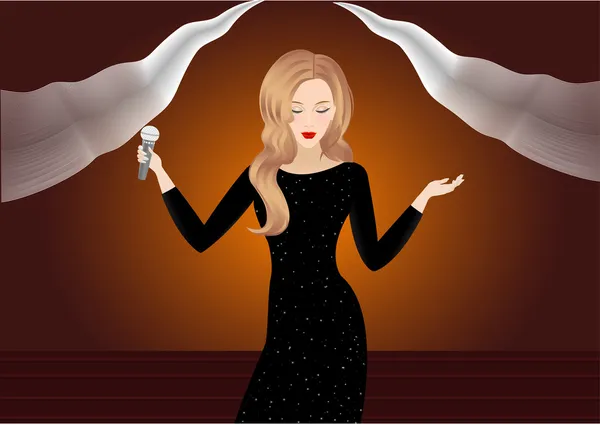 Векторная девушка в черном платье со звездами поет песню на сцене с абстрактным светом — стоковый вектор