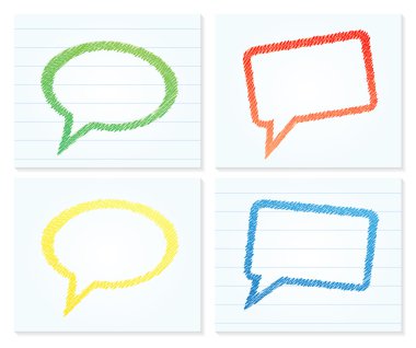 Colorful speech bubbles on various note papers clipart