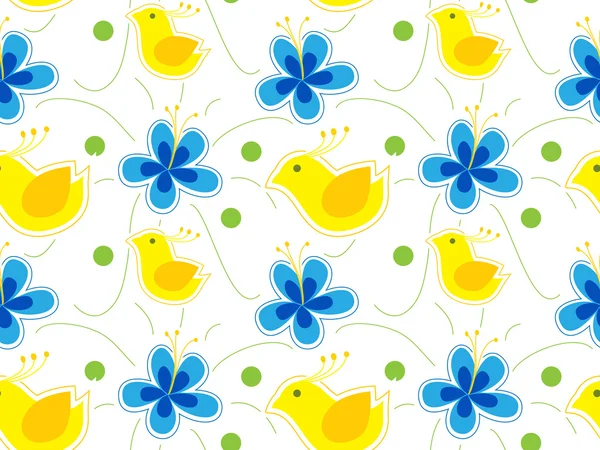 Modèle vectoriel sans couture avec des fleurs et des oiseaux — Image vectorielle