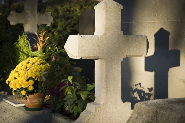 Grave with shadow cross at cemetery — Stock Photo, Image