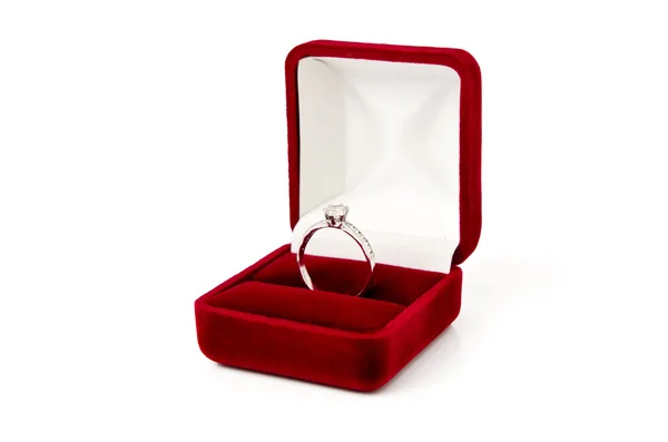 Diamond ring in red jewel box — Stock Photo, Image
