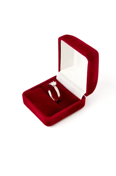 Diamond engagement ring in red jewel box — Stock Photo, Image