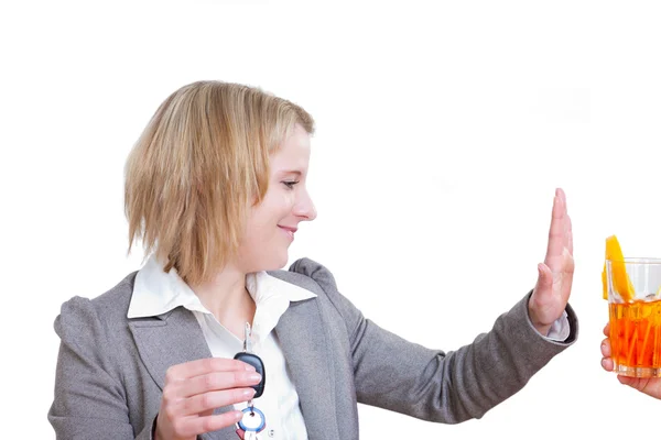 Drunk driving - no thanks. Young woman declines the cocktail glass — Stock Photo, Image