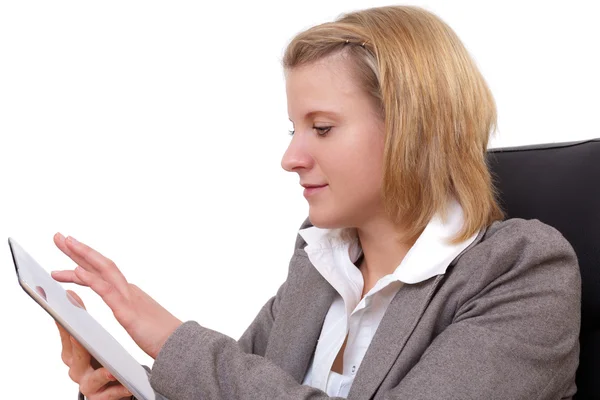 Young Business Woman works with a tablet pc — Stock Photo, Image