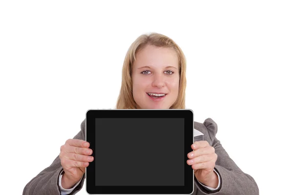 Business Woman Showing blank display of a tablet pc — Stock Photo, Image