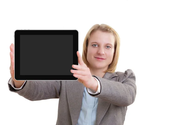 태블릿 pc의 여자를 보여주는 빈 디스플레이 사업 — 스톡 사진