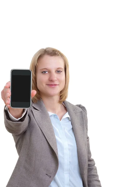 터치 휴대 전화의 여자를 보여주는 빈 디스플레이 사업 — 스톡 사진