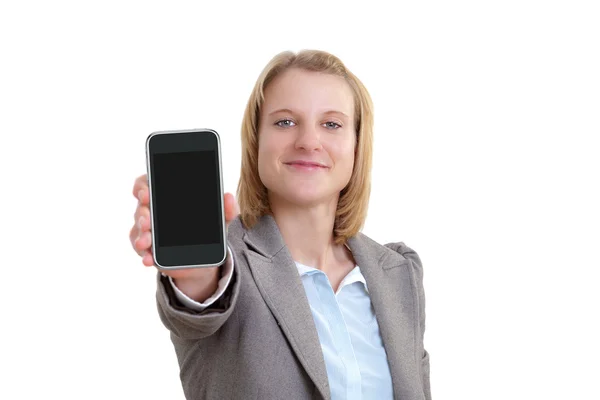 터치 휴대 전화의 여자를 보여주는 빈 디스플레이 사업 — 스톡 사진