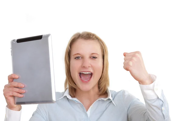 stock image Young business woman with a tablet pc in the hand cheering with her clenched fist