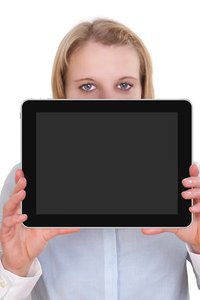 Femme d'affaires Affichage de l'affichage à blanc d'une tablette pc — Photo