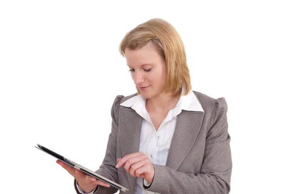 Young Business Woman works with a tablet pc — Stock Photo, Image